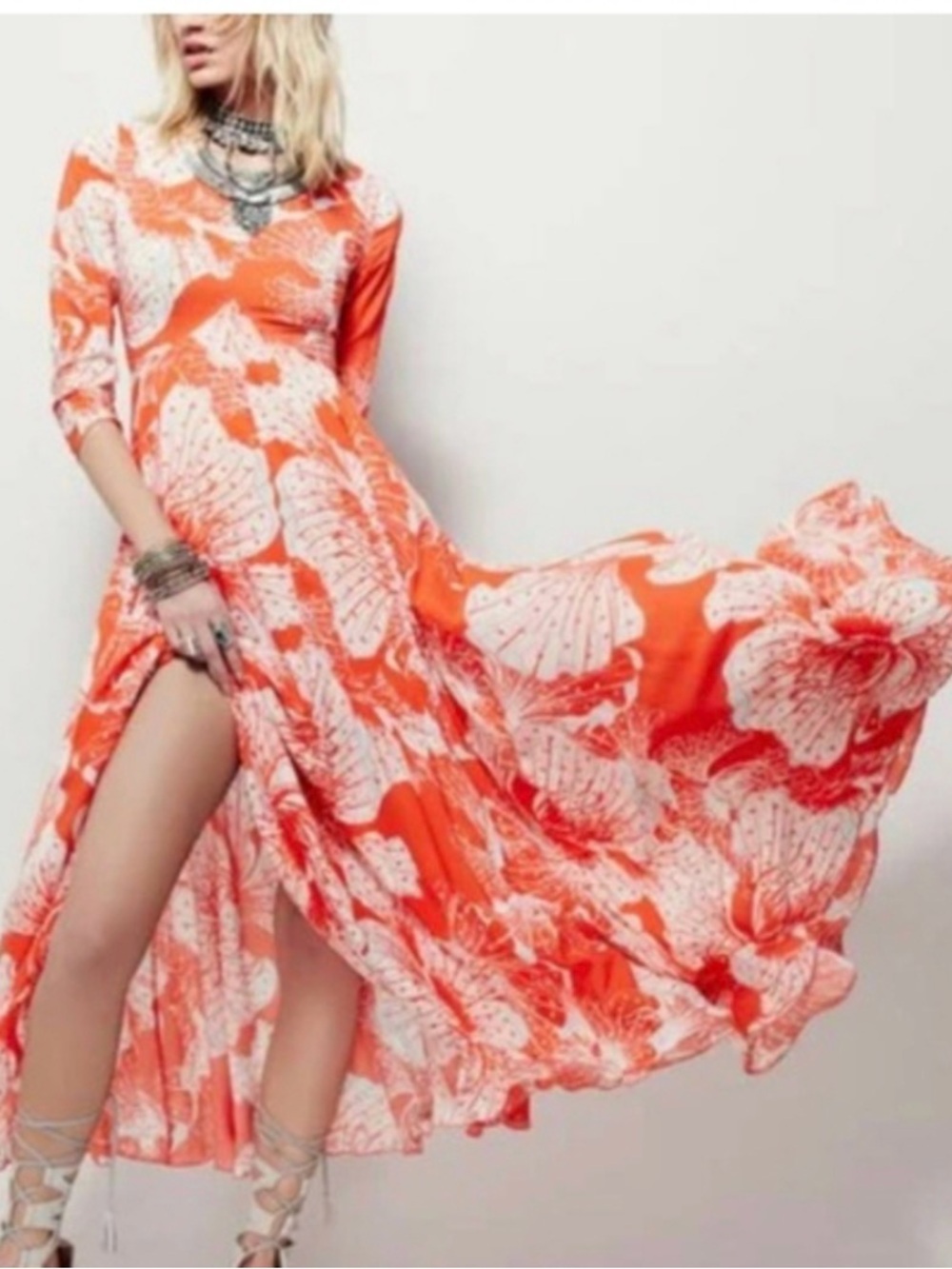 NWT Free People XS Boho Long Sleeve Flowy Coral Floral Maxi Feminine Colorful